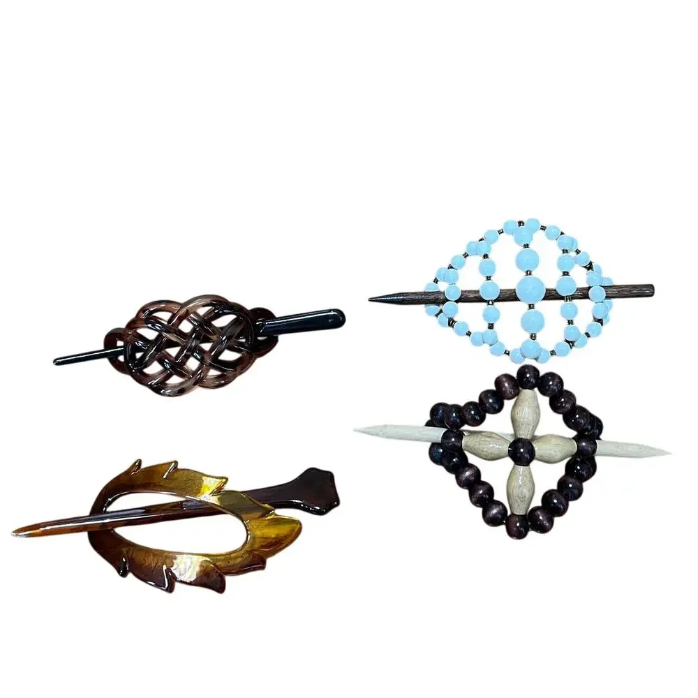 Vintage Chignon‎ Wooden Plastic Beaded Stick Bun Holders Leaf MCM Long Hair